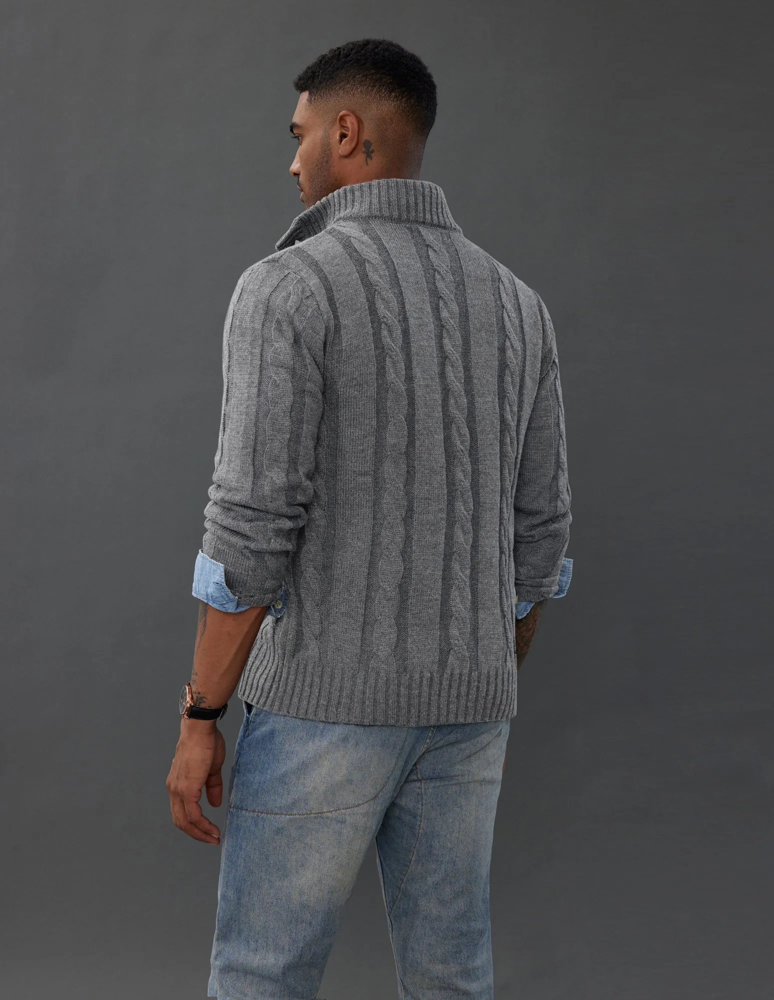 Men's Cardigan with Button Closure, Cable Knit Cardigan with Ribbed Stand-Up Collar for Autumn Winter