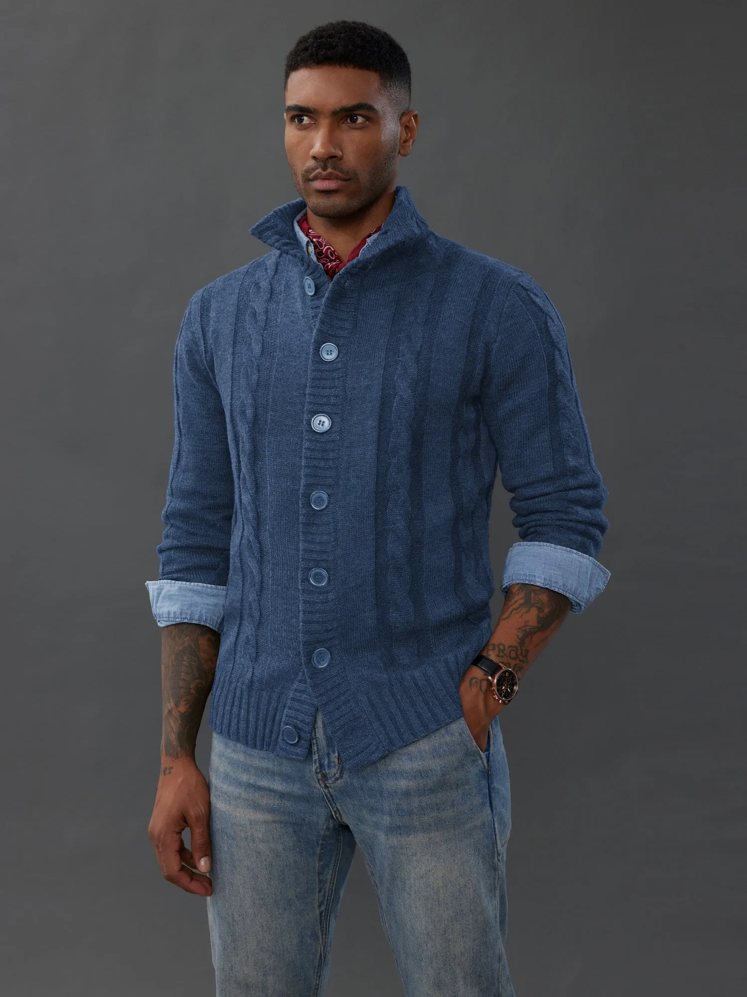 Men's Cardigan with Button Closure, Cable Knit Cardigan with Ribbed Stand-Up Collar for Autumn Winter