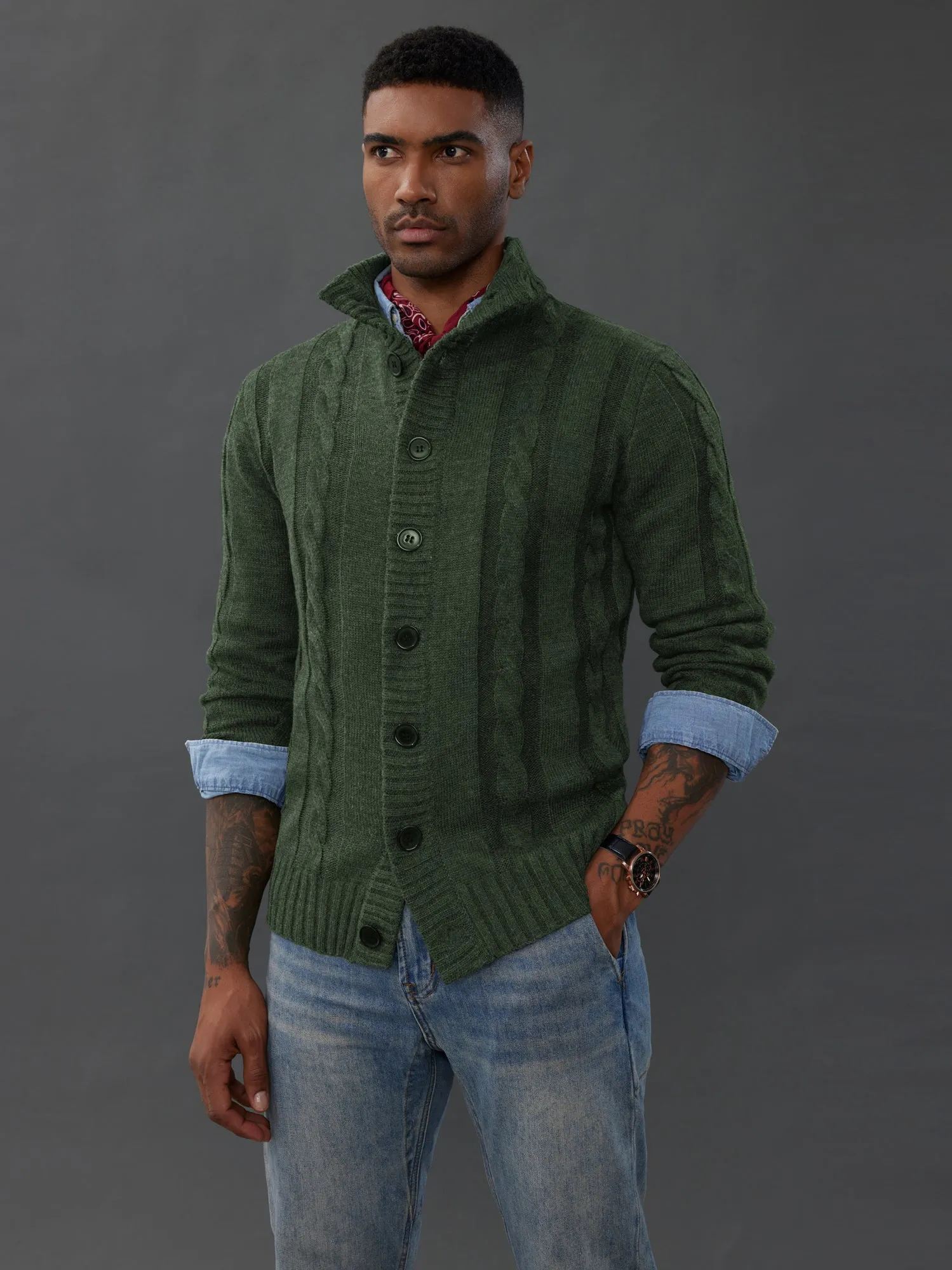 Men's Cardigan with Button Closure, Cable Knit Cardigan with Ribbed Stand-Up Collar for Autumn Winter