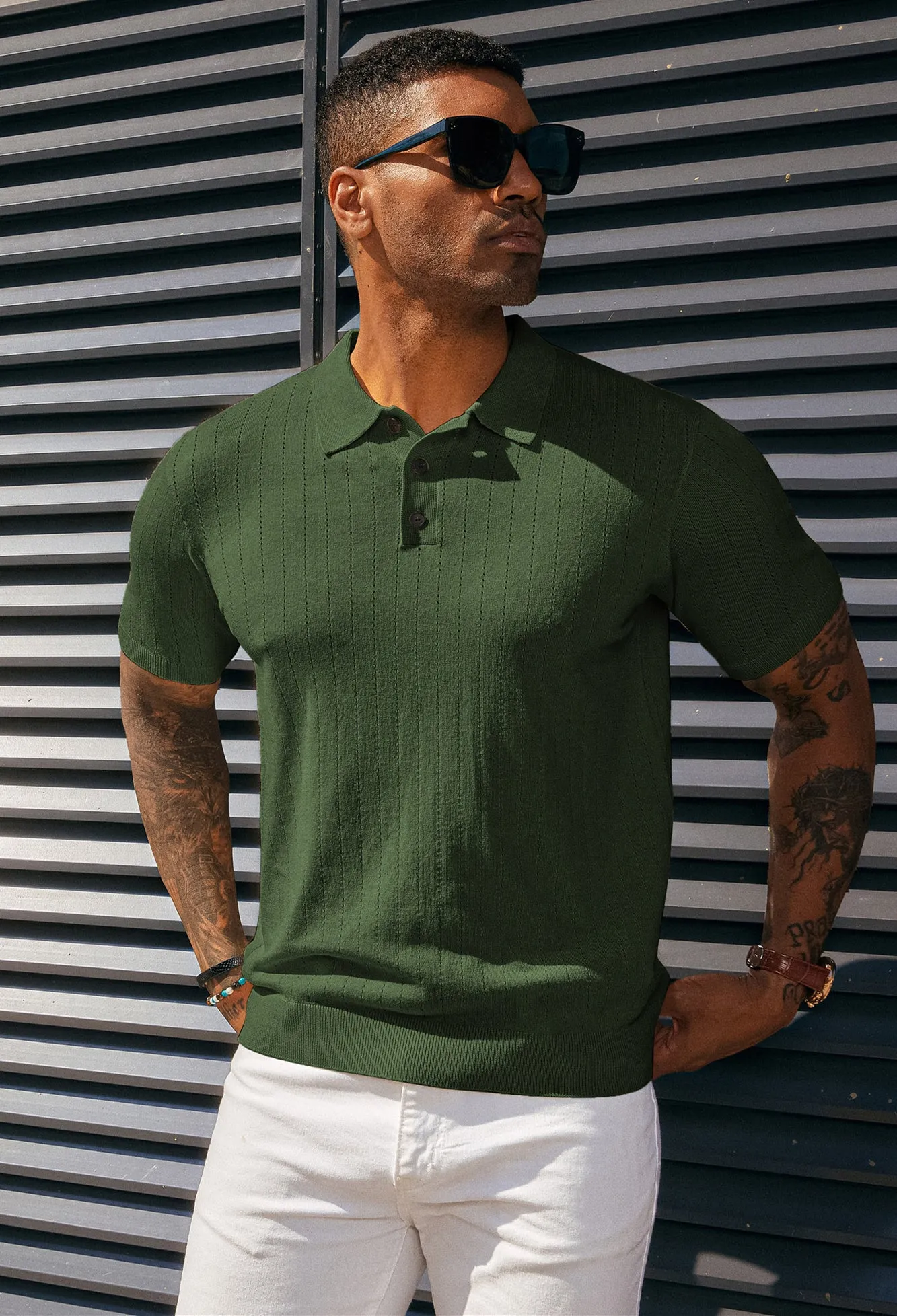 Men's Knit Polo Shirts Casual Short Sleeve Solid Button Down Pullover Polo T Shirts