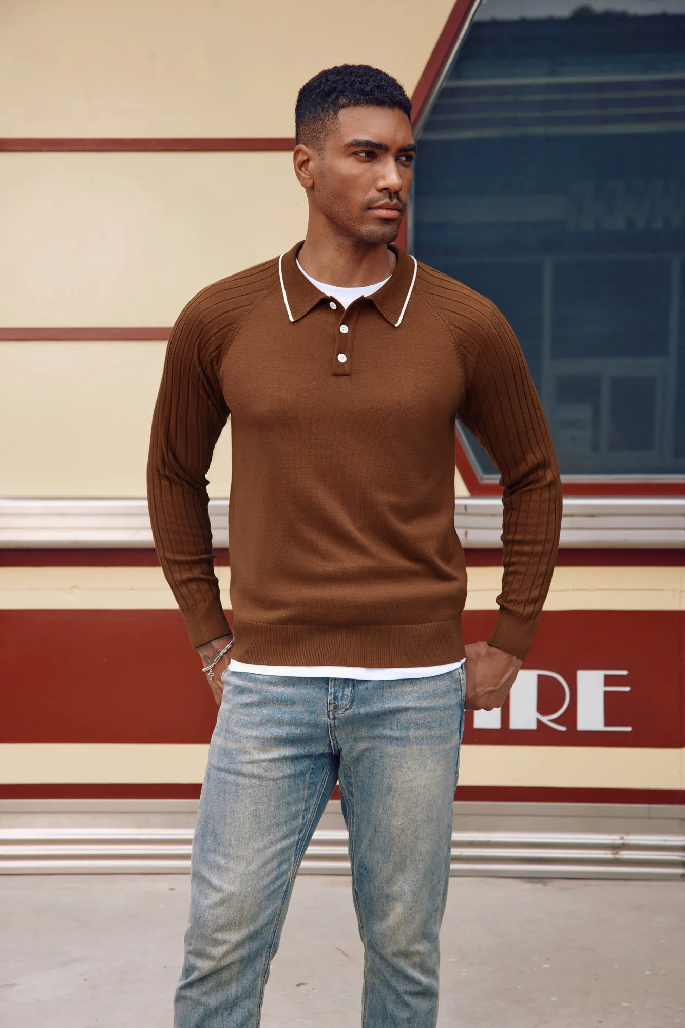 Men's Pullover Sweater Casual Raglan Sleeves Knit Polo Sweaters