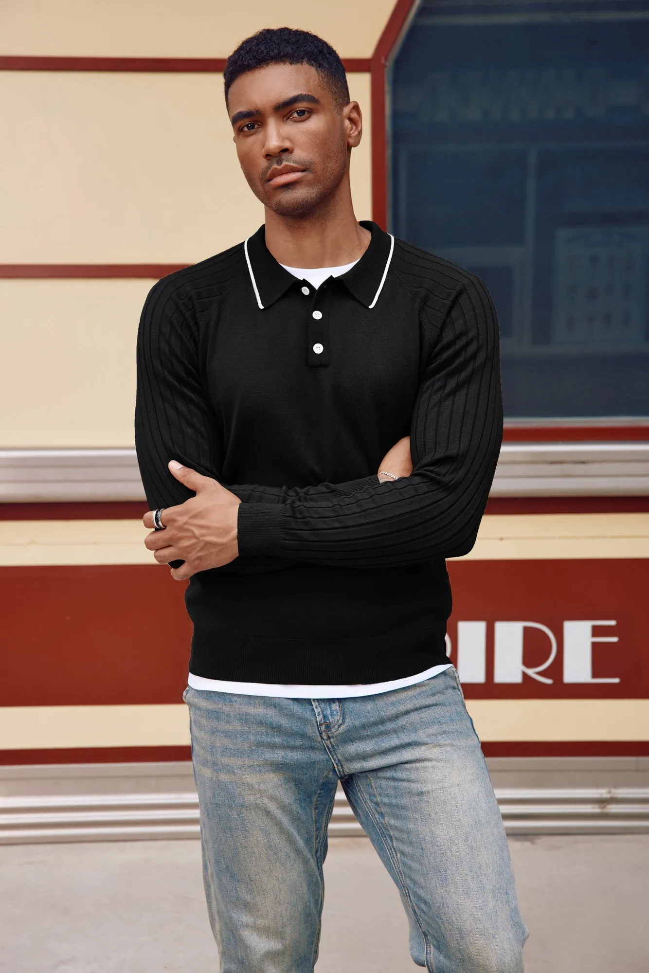 Men's Pullover Sweater Casual Raglan Sleeves Knit Polo Sweaters