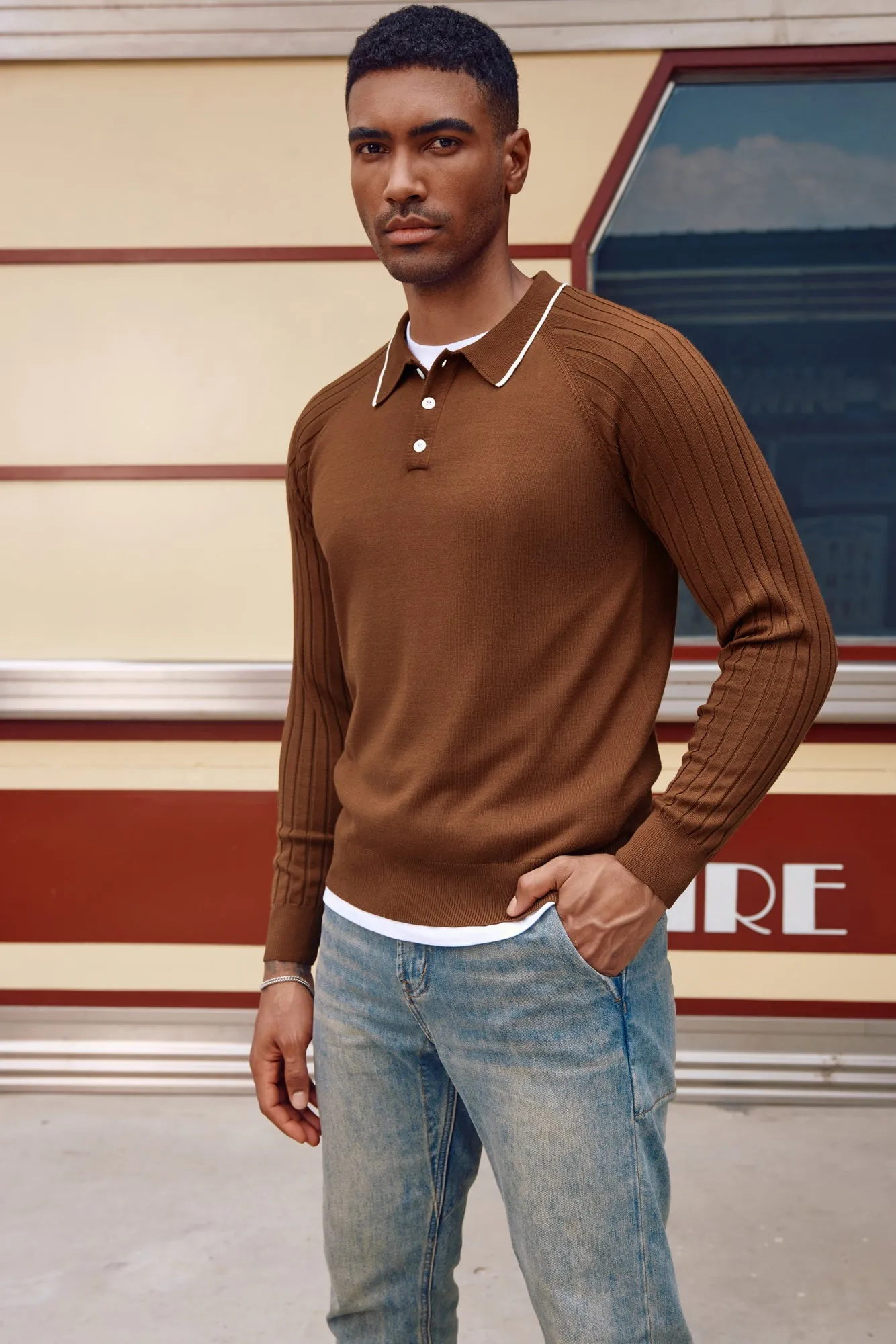 Men's Pullover Sweater Casual Raglan Sleeves Knit Polo Sweaters