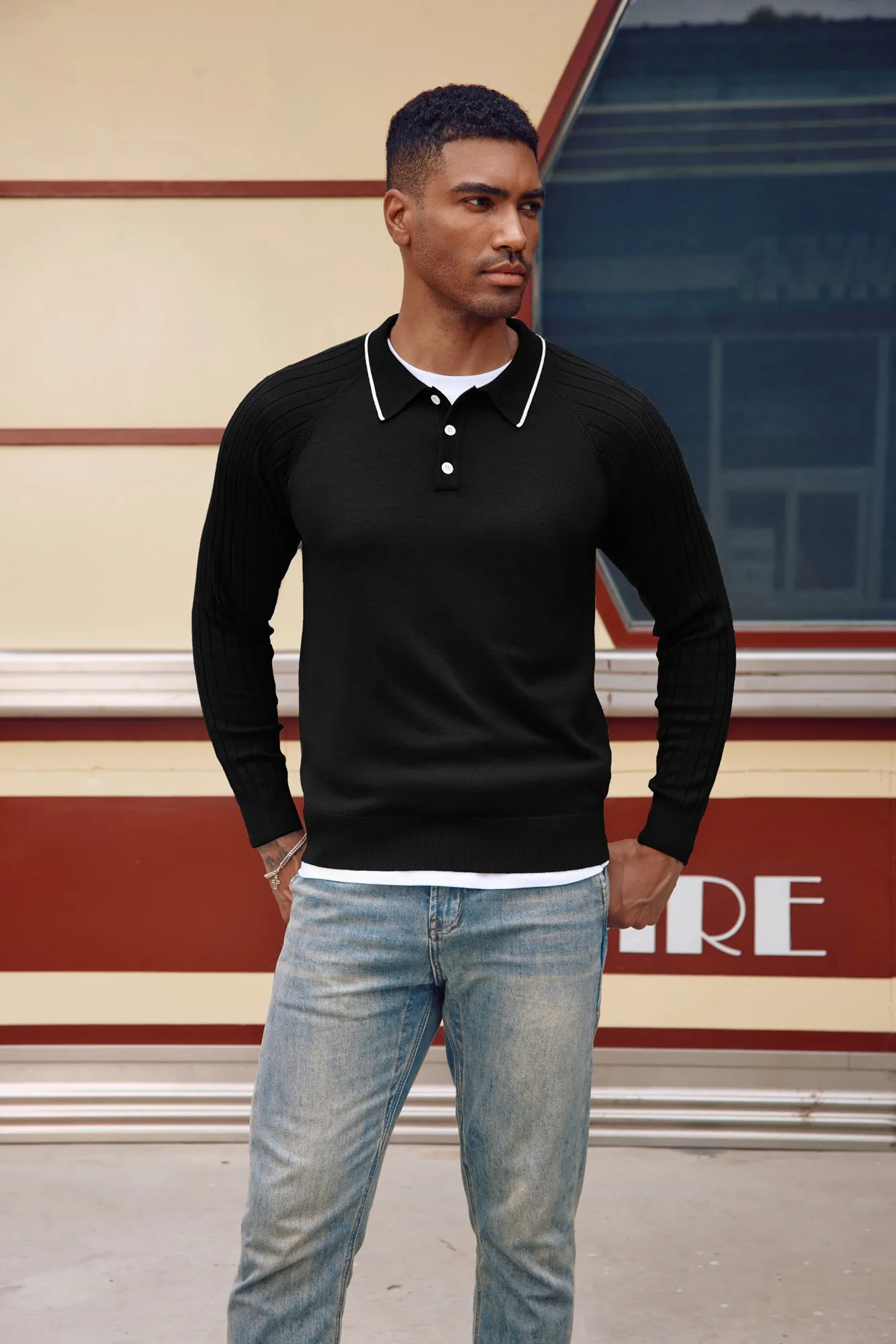 Men's Pullover Sweater Casual Raglan Sleeves Knit Polo Sweaters