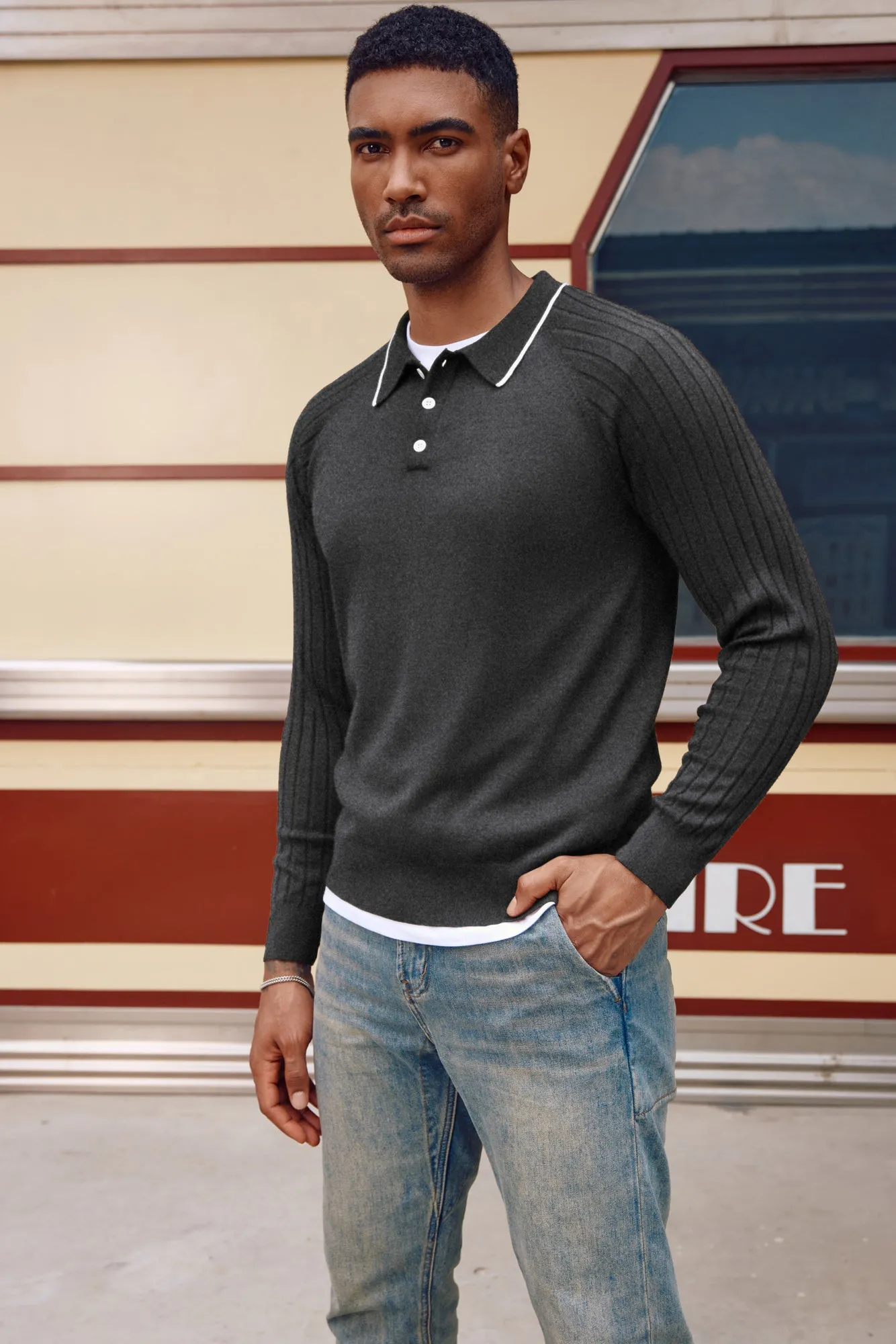 Men's Pullover Sweater Casual Raglan Sleeves Knit Polo Sweaters