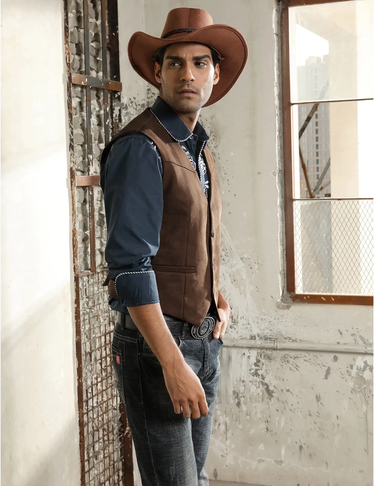 Men's Suede Leather Suit Vest Casual Western Cowboy Waistcoat Vests