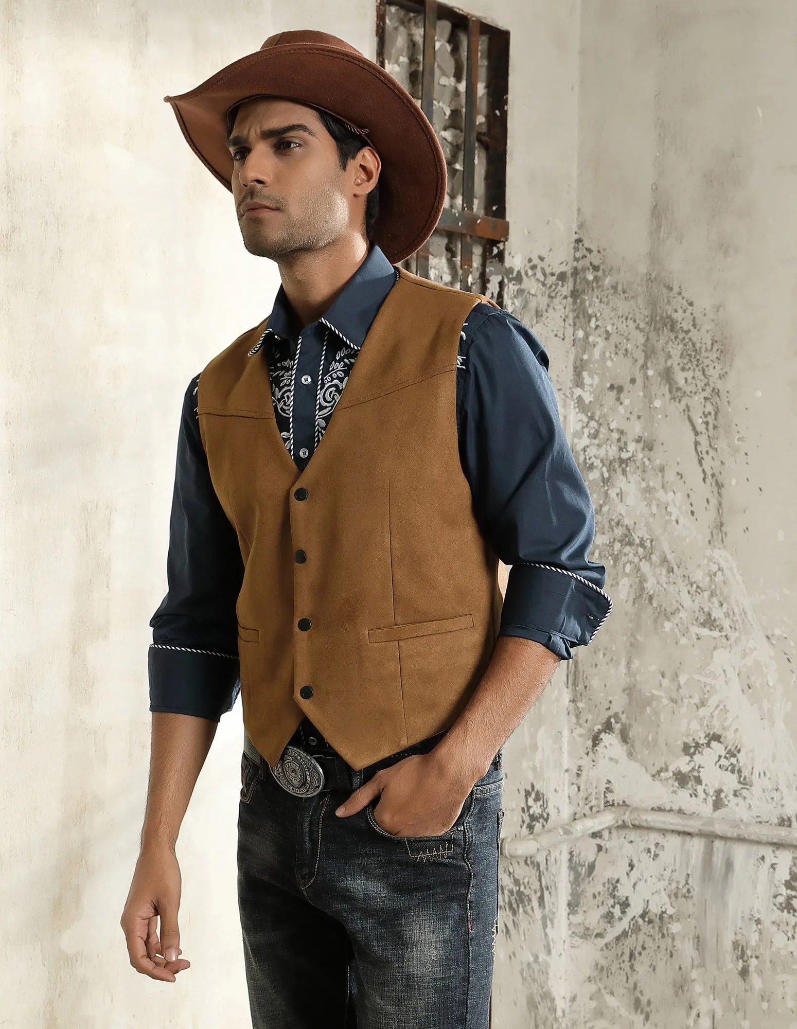 Men's Suede Leather Suit Vest Casual Western Cowboy Waistcoat Vests