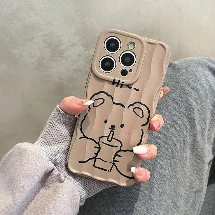 Milk Tea Bear Wave Lines Cute Phone Case For iPhone 15 Pro Max, 14, 13, 11, 12