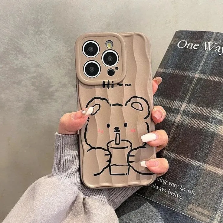 Milk Tea Bear Wave Lines Cute Phone Case For iPhone 15 Pro Max, 14, 13, 11, 12