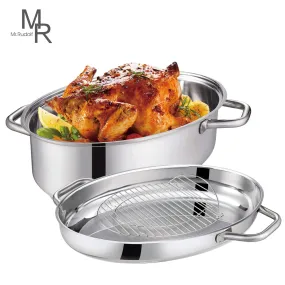 Mr Rudolf 18/10 Stainless Steel 15-inch Oval Roaster with Rack and Lid Dishwasher Safe Oven Safe Oval Roasting Pan PFOA Free 8.5 Quart   4.2 Quart