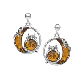 NEW: Amber Moon Owl Earrings, Owl Stud Drop Earrings, Sterling Silver