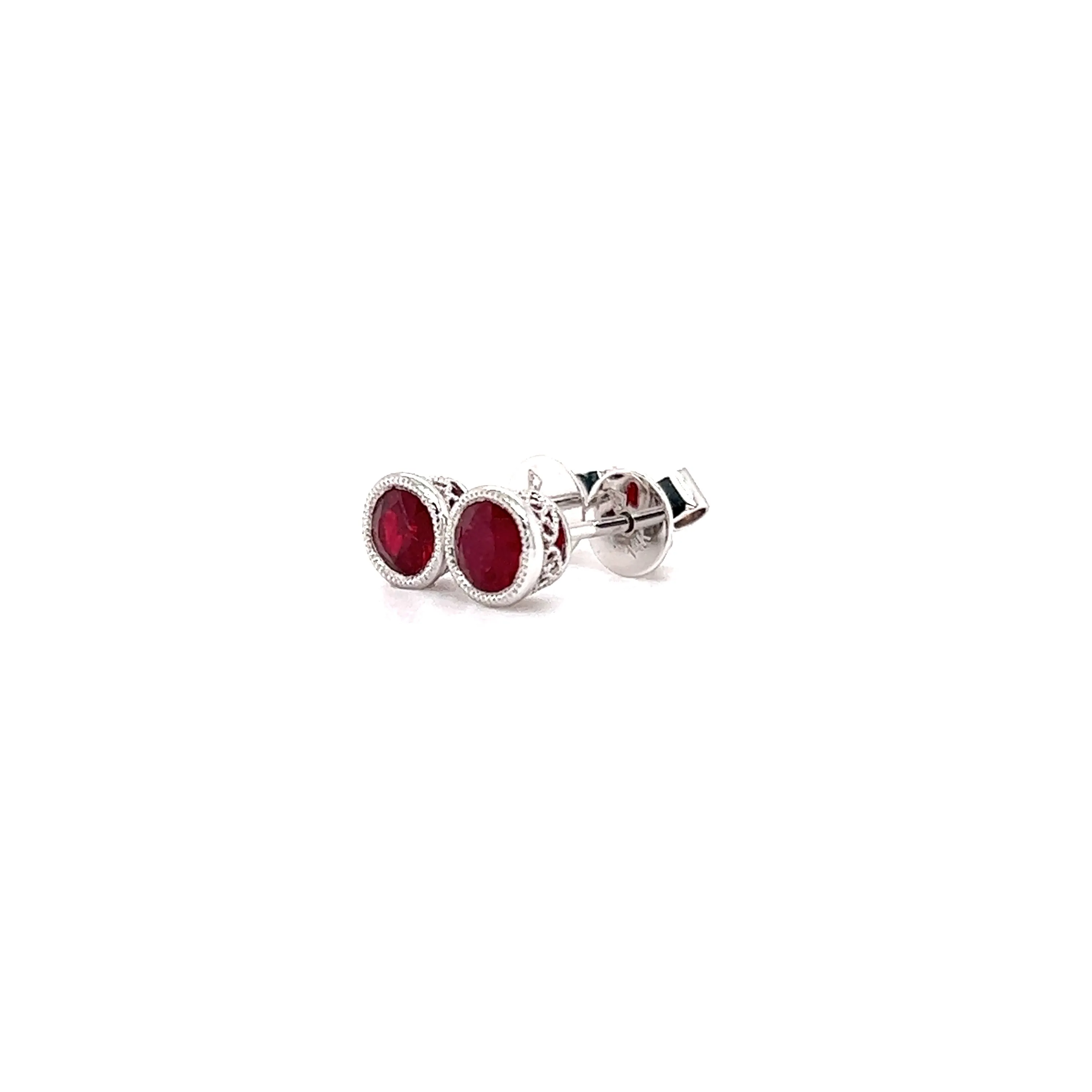 Round Ruby Stud Earrings with Filigree and Milgrain Details in 14K White Gold