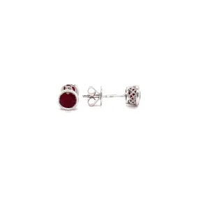 Round Ruby Stud Earrings with Filigree and Milgrain Details in 14K White Gold