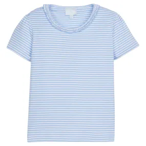 Short Sleeve Scoop Ruffle Tee - Light Blue Stripe