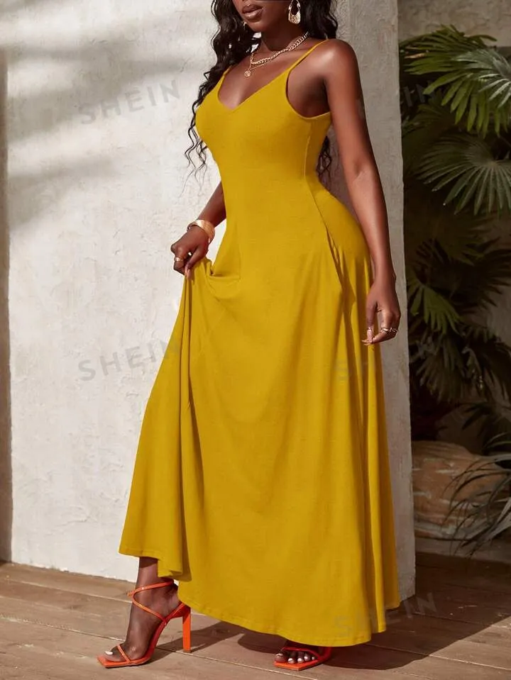 Solid hidden pocket cami dress in yellow