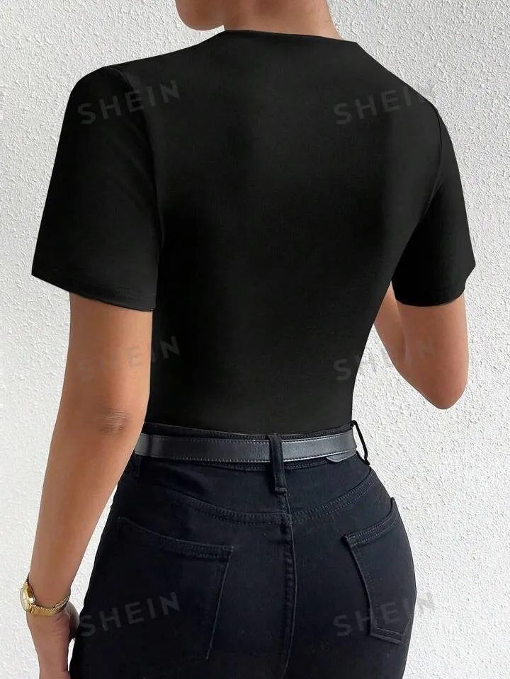 Solid ruched slim fit tee bodysuit in black