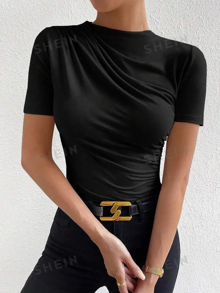 Solid ruched slim fit tee bodysuit in black