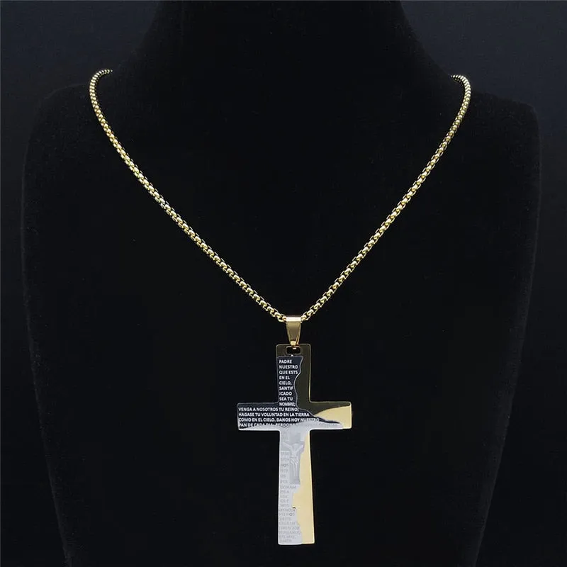 Stainless Steel Cross Jesus SPANISH Lord's Prayer Necklace