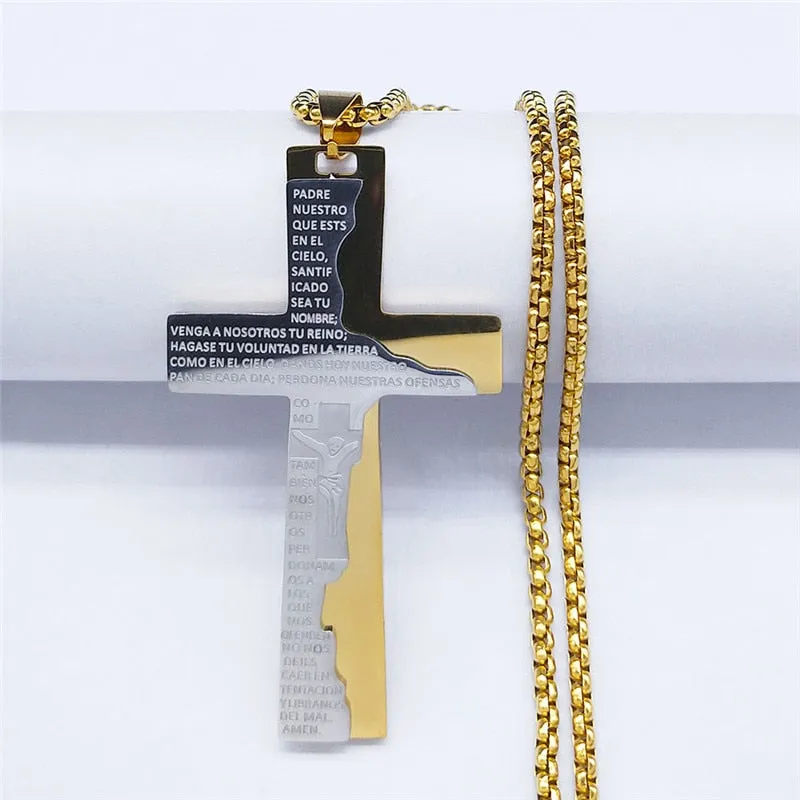 Stainless Steel Cross Jesus SPANISH Lord's Prayer Necklace