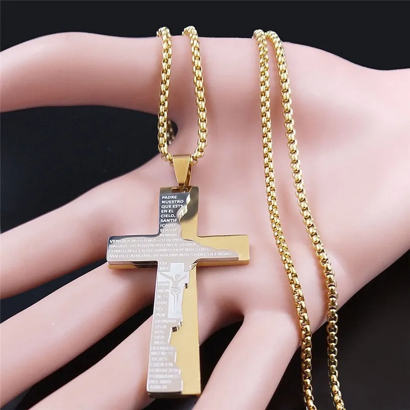 Stainless Steel Cross Jesus SPANISH Lord's Prayer Necklace