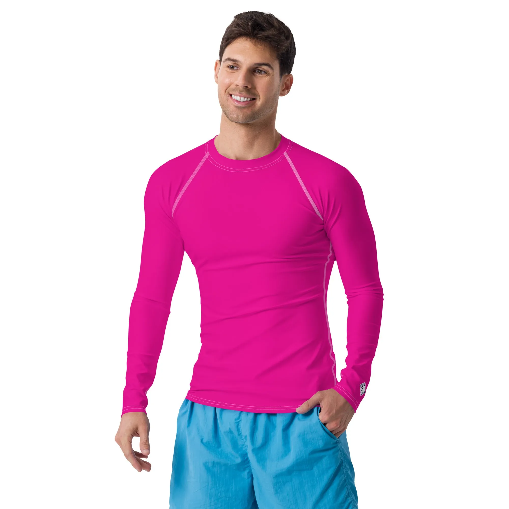 Sun-Ready Style: Men's Solid Color Long Sleeve Rash Guard - Hollywood Cerise