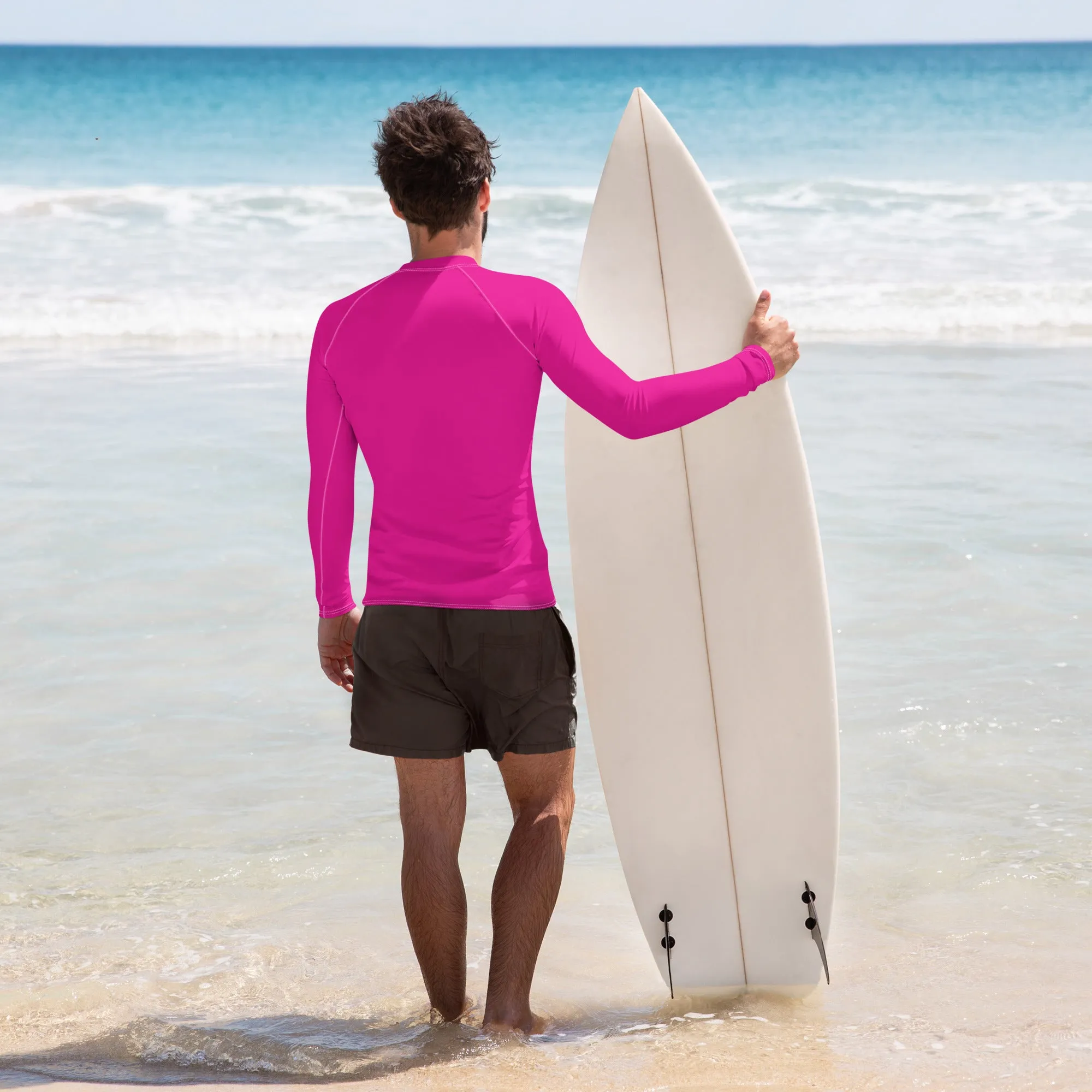 Sun-Ready Style: Men's Solid Color Long Sleeve Rash Guard - Hollywood Cerise