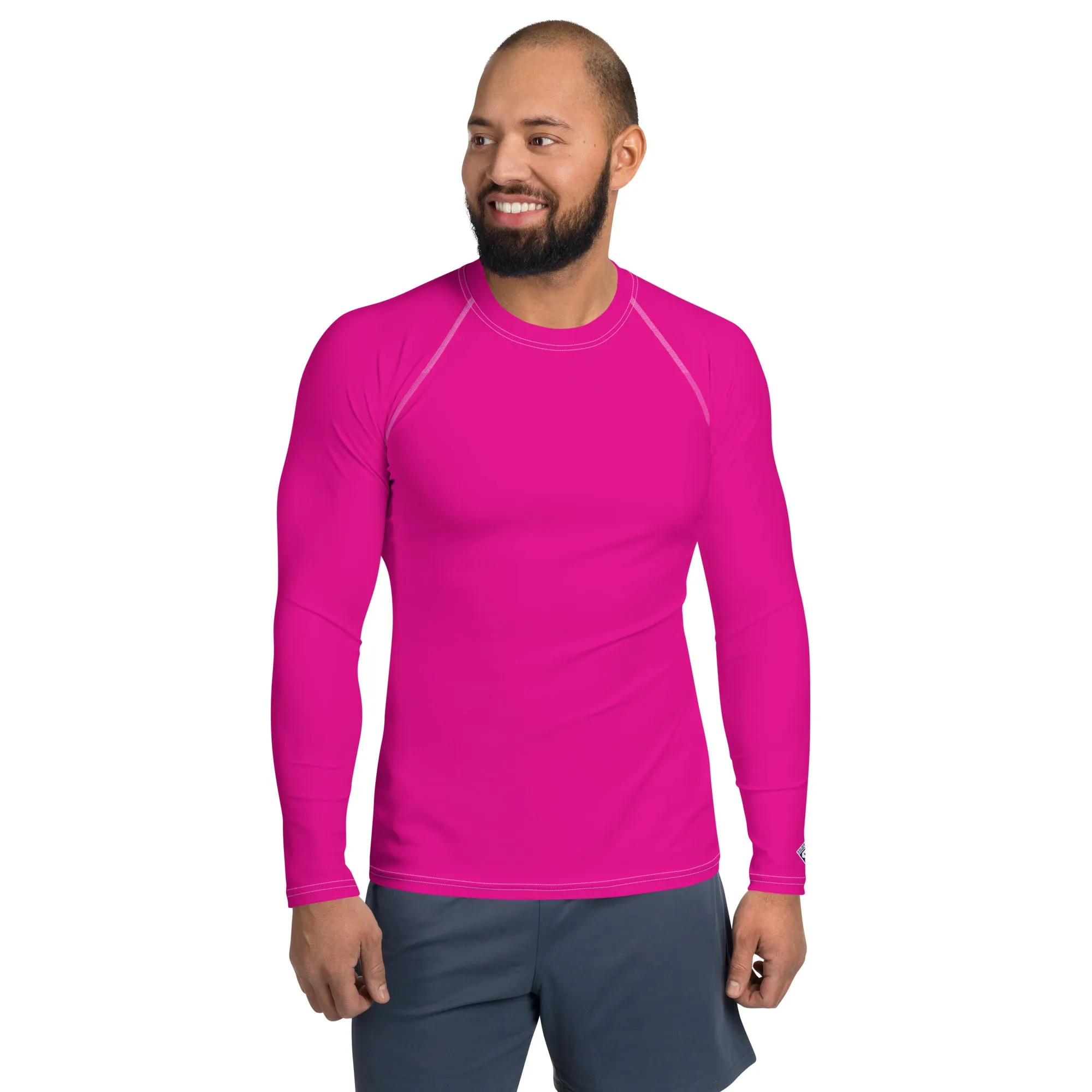 Sun-Ready Style: Men's Solid Color Long Sleeve Rash Guard - Hollywood Cerise