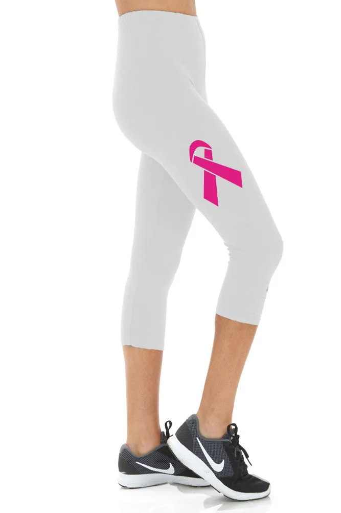 Women's Breast Cancer Ribbon Printed Buttery Soft Peach Skin Cropped Capri Leggings - Regular Plus and 3X5X